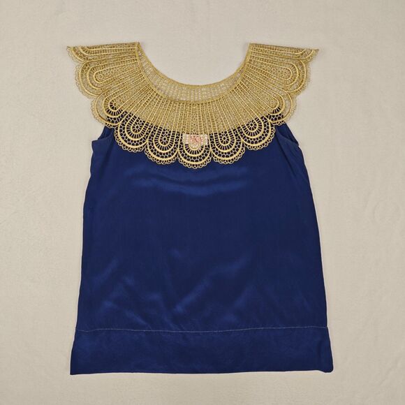 AKA New York Gold Lace Collar Blue Silk Blouse Size S Ornate Statement Regency - Picture 2 of 14